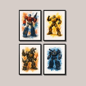 Transformers Poster Set, Optimus Prime, Bumblebee, Grimlock, Soundwave, Boys Room Wall Art, Watercolor Robot Prints, A4 Digital Download