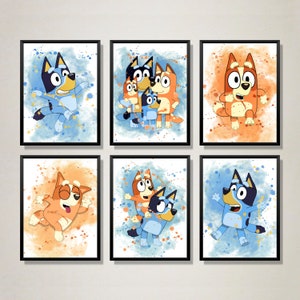 Blue Puppy Watercolor Prints, 6-Piece Set, Perfect for Kids' Room Decor, Cute Cartoon Dog Posters, Fun and Colorful Puppy Art