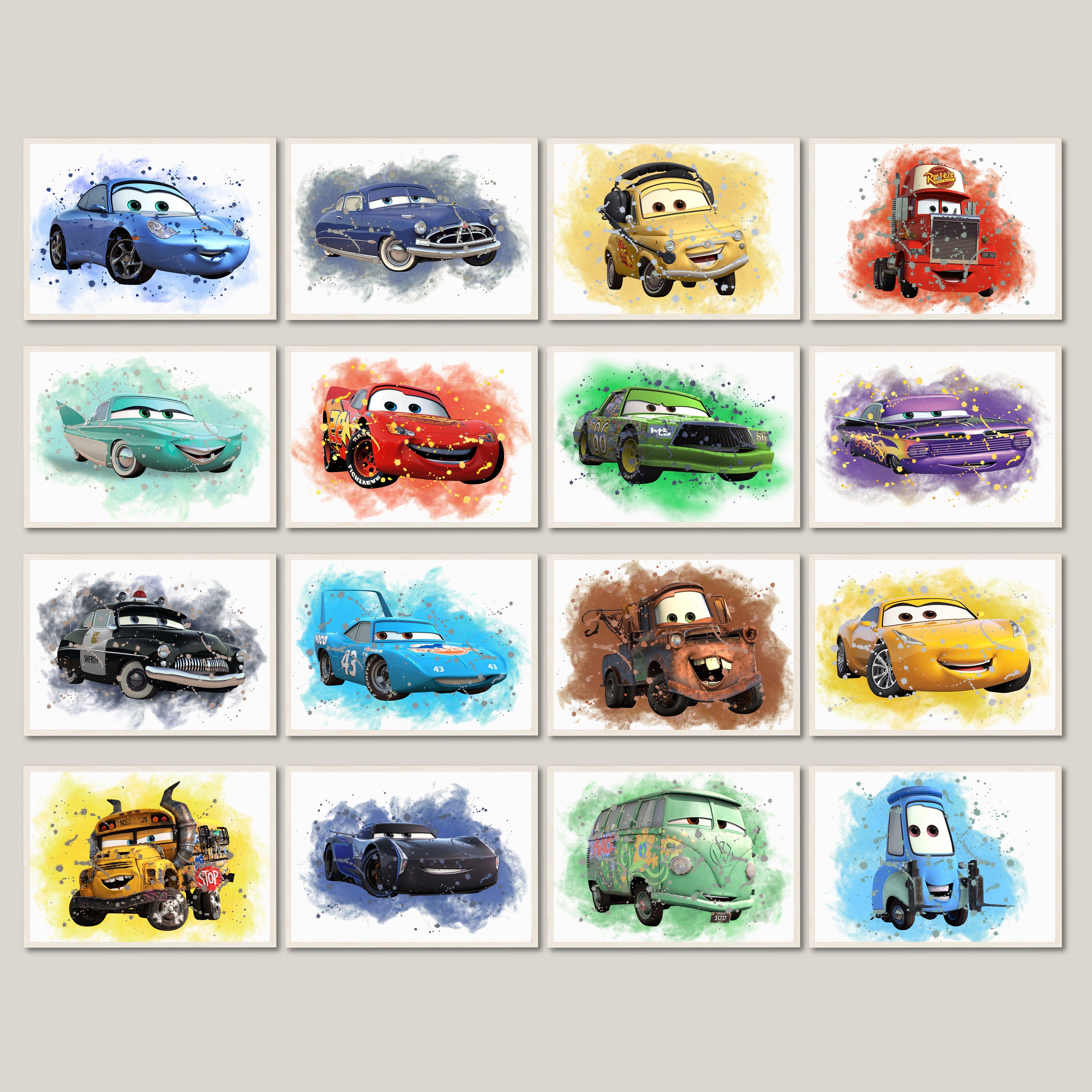 Set of 16 DISNEY CARS Watercolor Disney Cars Print Disney Car Posters Cars Wall Art Disney Decor Disney Pictures Etsy