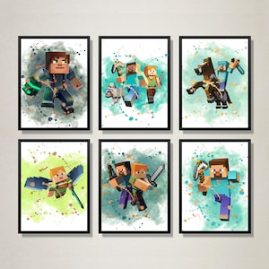 Minecraft-Themed Art Prints, 6-Piece Set, Pixel Art Wall Decor, Colorful and Fun Designs for Kids' Rooms and Gaming Spaces