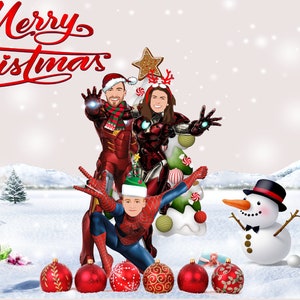 Cartão de Natal de desenho animado para download digital, retrato de família personalizado dos Campeões da Marvel, ilustração dos Vingadores para impressão, arte impressa, ideias para presentes de Natal