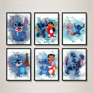 Stitch Watercolor Art Prints, conjunto de 6 peças para decoração de quarto infantil, pôsteres fofos de alienígena azul, arte de parede divertida e lúdica para berçário e sala de jogos