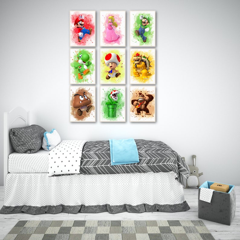 Super Mario druckbares Set von 9, Super Mario Aquarell Kunst Poster für Kinderzimmer, Wanddekor, Kinderzimmer Geschenk, druckbare Wandkunst Bild 8
