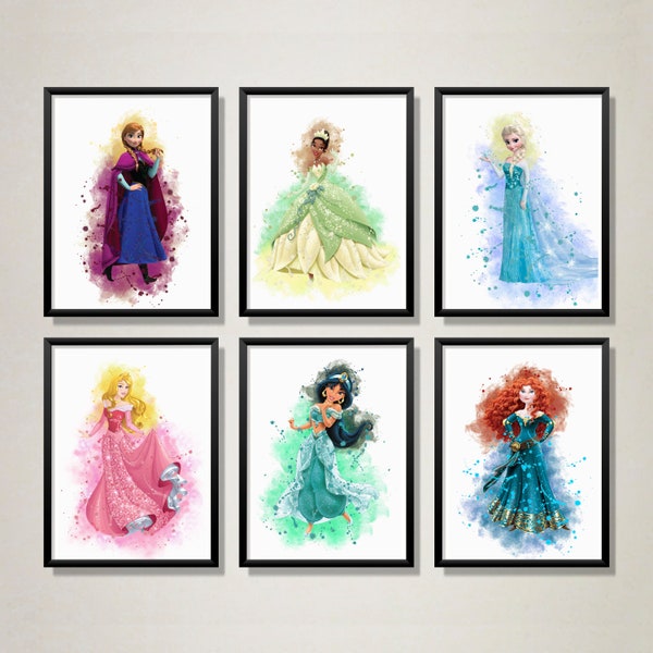Ensemble 6 princesses, affiches d'art mural princesse, impression de princesse aquarelle, affiche imprimable de princesse, décor de chambre d'enfants