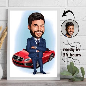Custom Businessman Caricature with Luxury Car, Personalized Executive Portrait, Gift for Him, Success Art, Luxury Lifestyle Decor