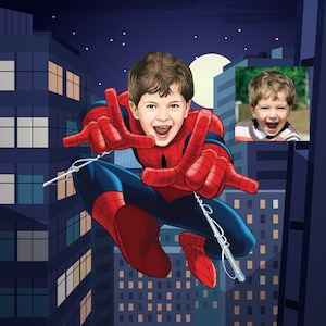Retrato personalizado de Spiderman, caricatura de retrato de Spiderman personalizado, retrato de superhéroe personalizado, regalo de cumpleaños de Spiderman