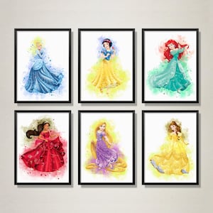 Set de 6 princesas, póster imprimible de princesas, impresión de princesas en acuarela, pósteres de arte mural de princesas, decoración de habitación infantil