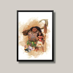 モアナの水彩画プリント｜モアナ姫、マウイ、ヘイヘイ、プア｜保育園の壁アート、モアナの誕生日デコレーション｜デジタルダウンロードポスター