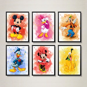 Mickey und Freunde druckbare Set von 6, Wanddekor, Micky Maus gedruckt Aquarell, Donald Minnie Kinderzimmer Geschenk, druckbare Wandkunst