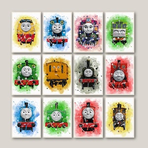 Thomas und Freunde 12er Set, Zug Geburtstagsgeschenk, Percy James Thomas Emily Poster Wandkunst, Thomas Friends Poster, Aquarell Druck