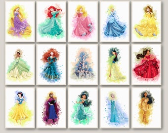 Set 14 princesas, impresión de princesa en acuarela, póster de princesa imprimible, carteles de arte de pared de princesa, decoración de habitación para niños