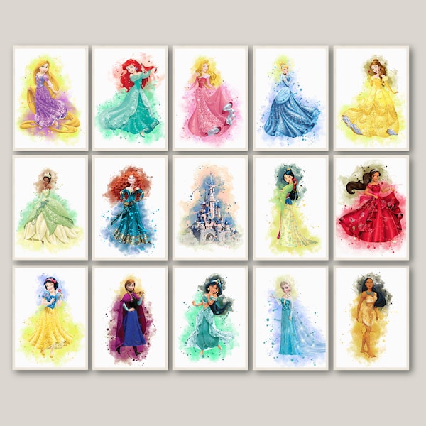 Set 14 prinsessen, aquarel prinses print, afdrukbare prinses poster, prinses muurkunst posters, kinderkamer decor