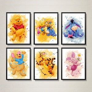 Láminas de acuarela de Winnie the Pooh, juego de 6 piezas para decoración de habitación infantil, adorables pósteres de osos, arte de pared clásico y atemporal para guardería.
