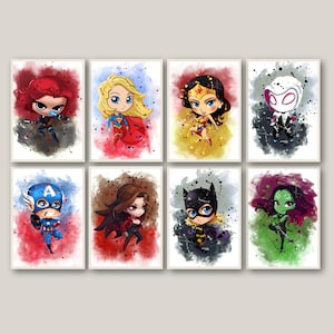 Conjunto de pôsteres de super-heróis com 8 peças, decoração de parede para quarto infantil, arte de parede de super-heróis, pôster de super-heróis, pôster digital de super-heróis, quarto infantil, super-heróis