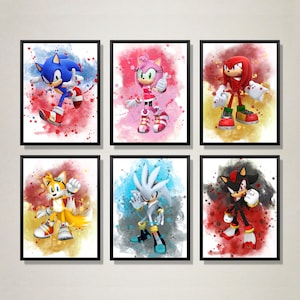 Sonic Aquarell Prints, Superheld, Wandkunst, Kinderzimmer Dekoration, Kinderzimmer Poster Set von 6, Bunte Kunstwerke, Digital