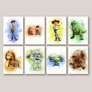 Toy Story, 8er Set Aquarell druckbare Spielzeug Geschichte, Spielzeug Geschichte Poster, Kinderzimmer Dekor Spielzeug Geschichte, Malerei Geburtstagsgeschenk, Spielzeug Geschichte Wand Kunst Dekor