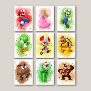 Super Mario afdrukbare set van 9, Super Mario aquarel art poster voor kinderkamer, wanddecoratie, kinderkamer cadeau, afdrukbare muurkunst