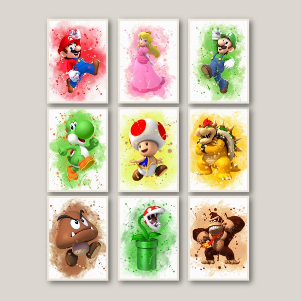 Super Mario afdrukbare set van 9, Super Mario aquarel kunst poster voor kinderkamer, wand decor, kinderkamer cadeau, afdrukbare Wall Art