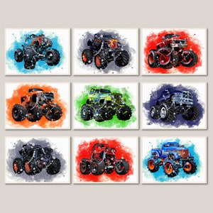 Monstertruck Set von 9, Kinderzimmer, Monstertruck druckbar, Geburtstagsgeschenk, Wandkunst, Monstertruck Aquarell Druck, Kinderzimmer Dekor