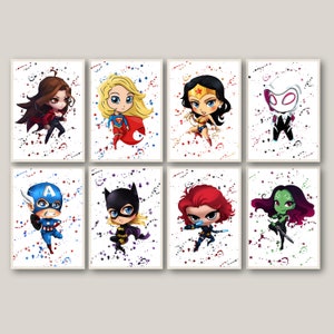 Conjunto de pôsteres de super-heróis com 8 peças, pôster digital de super-heróis, decoração de parede para quarto infantil, arte de parede de super-heróis, pôster de super-heróis, quarto infantil, super-heróis