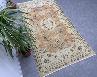 Alfombra turca Oushak de 4x7 pies, alfombra vintage de lana beige y naranja anudada a mano para sala de estar, alfombra neutra para cocina / 3.8 x 7 pies