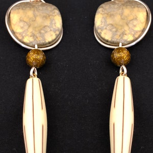 Jasmine Earrings: Gold & Cream marbleized disc with bone like tubes and copper round beads