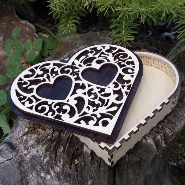 Wooden Heart shaped Jewelry laser cut Box template Valentine Love vector model Glowforge cut file | SVG, CNC DXF