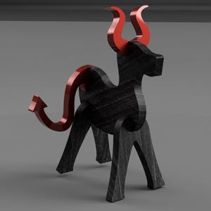 May include: A wooden sculpture of a bull with red horns and a red tail. The bull is black with a wood grain texture, and the legs are a darker gray. The horns and tail are a glossy red.