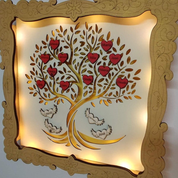 Family Tree Box Frame with 2 lights / Multi-layer SVG/ DXF/ AI /Glowforge cut file 4mm