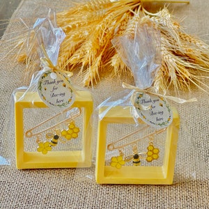 Bee Brooch Baby Shower Favors: Gold Bee, Honeycomb Charm