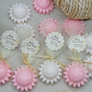 Pink Personalized Sun Soaps Baby Shower Favors, Sun Birthday Party Gift Guests in Bulk, You are My Sunshine, First Trip Around party Decors