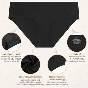 May include: Black seamless underwear with a 100% cotton crotch, 85% nylon and 15% elastane fabric. The underwear is designed to be comfortable and breathable, with a no-label design to reduce friction on the skin.