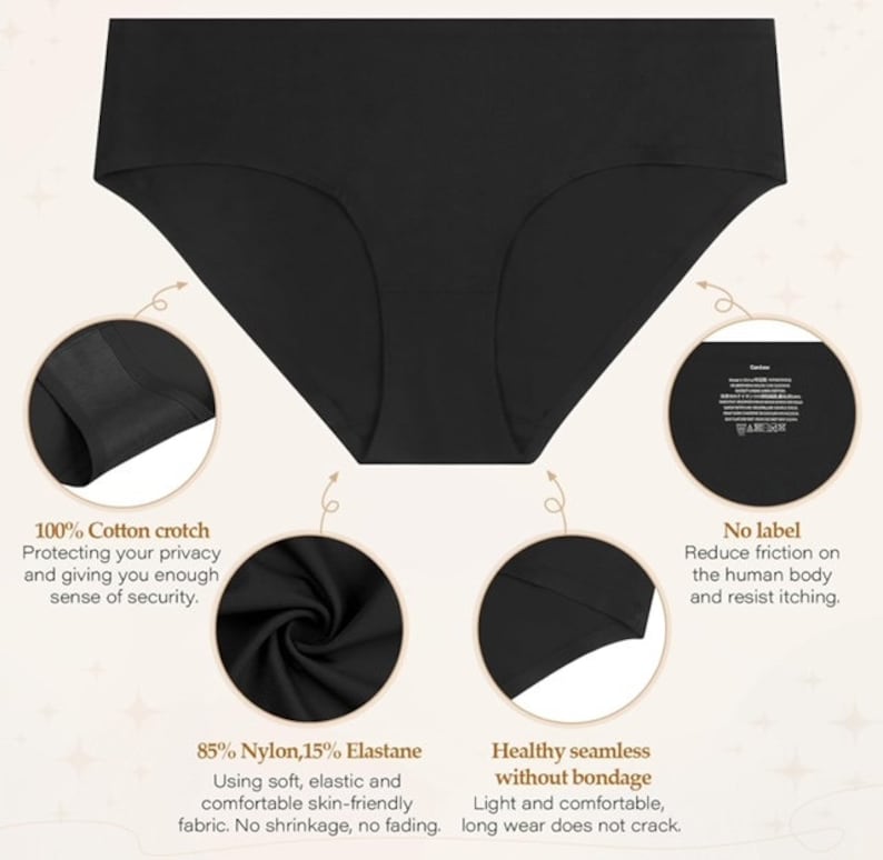 May include: Black seamless underwear with a 100% cotton crotch, 85% nylon and 15% elastane fabric. The underwear is designed to be comfortable and breathable, with a no-label design to reduce friction on the skin.