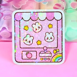 plushie claw machine sticker-kawaii aesthetic sticker-bunny arcade claw machine-cute holographic waterproof sticker-cute animal carnival