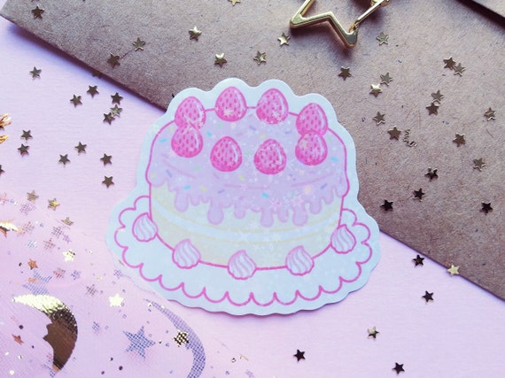 strawberry cake sticker, birthday cake sticker, shortcake sticker, holographic sticker, cute stationery, cute stationery, aesthetic sticker