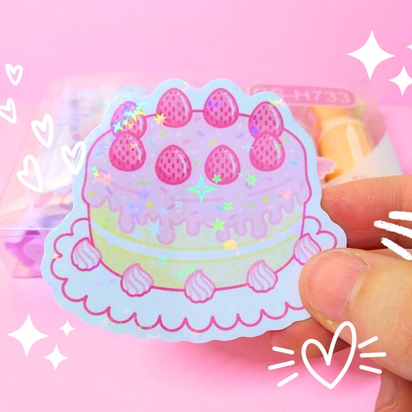 strawberry cake sticker, birthday cake sticker, shortcake sticker, holographic sticker, cute stationery, cute stationery, aesthetic sticker