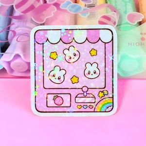 Autocollant doudou claw machine-autocollant esthétique kawaii-lapin d'arcade claw machine-mignon autocollant holographique imperméable à l'eau-mignon animal carnaval