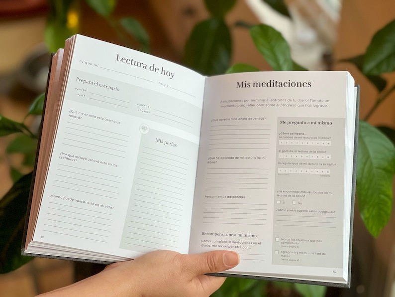 May include: A white and gray journal with the title "Lectura de hoy" and "Mis meditaciones" on the cover. The journal has lined pages for writing and includes prompts for reflection and self-care.