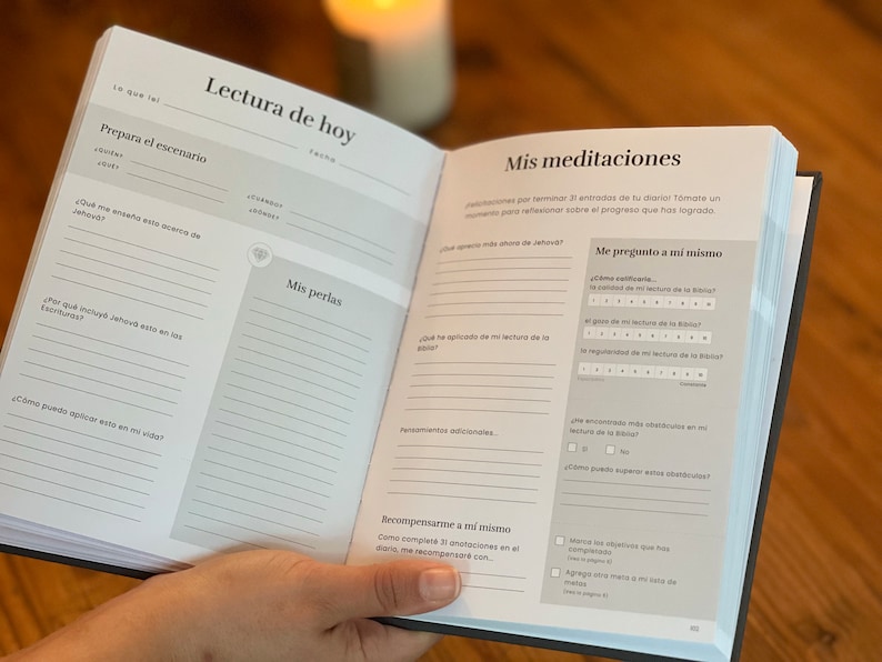 May include: A black and gray journal with the Spanish words "Lectura de hoy" and "Mis meditaciones" on the cover. The journal is open to a page with the headings "Prepara el escenario", "Mis perlas", "Me pregunto a mi mismo", and "Recompensarme a mi mismo".