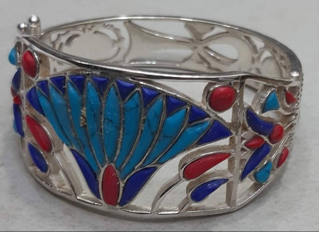 Egyptian Handmade Sterling Silver 925 Lotus Flower Bracelet With Natural Gemstones - Thumbnail 2