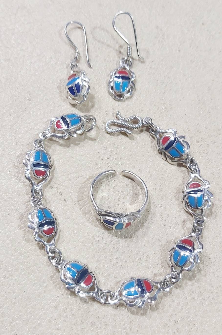 Egyptian Handmade Sterling Silver 925 Scarab Jewelry sets( Bracelet-Earring-Ring)