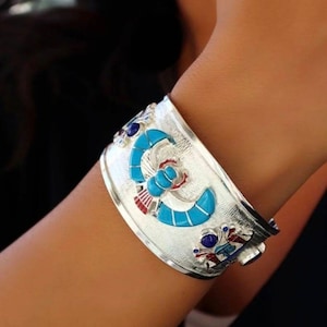 Handmade Egyptian Sterling Silver Cuff Scarab Bracelet With Natural  Stones,Silver Beetle Khepri Bracelet,Silver 925 Winged Scarab Bracelet.
