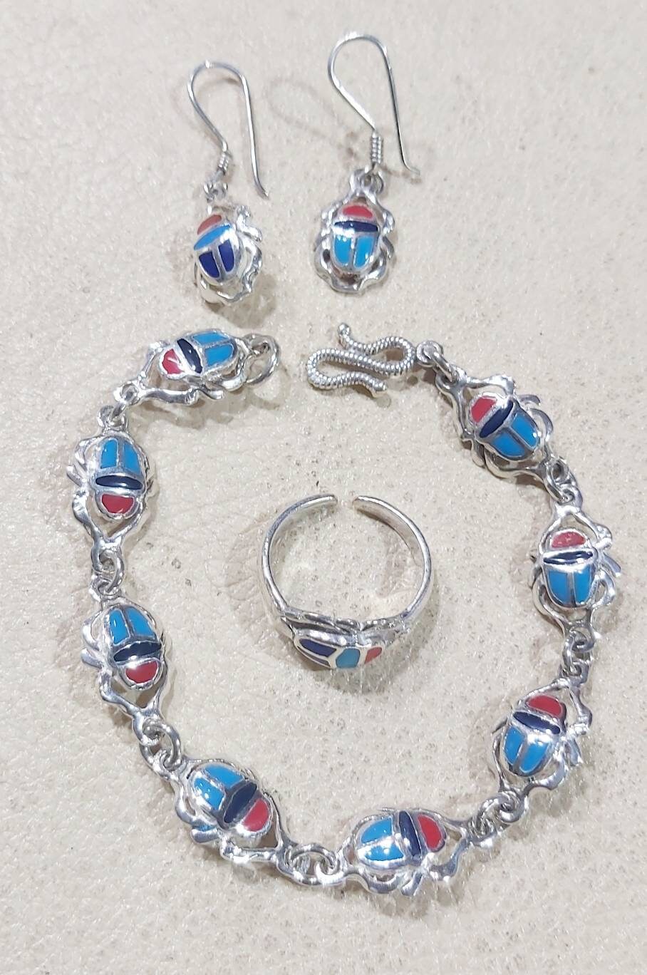 Egyptian Handmade Sterling Silver 925 Scarab Jewelry sets( Bracelet-Earring-Ring) - Thumbnail 6
