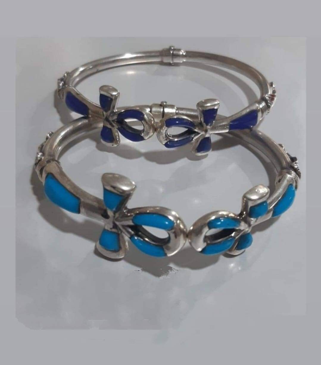 Handmade Egyptian Sterling Silver 925 Double Ankh Bracelet With Gemstone