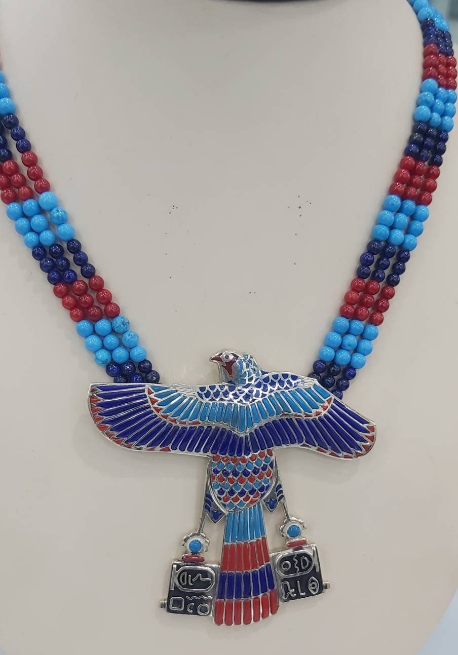 Egyptian Handmade Sterling Silver Winged Horus  Falcun With Gemstones