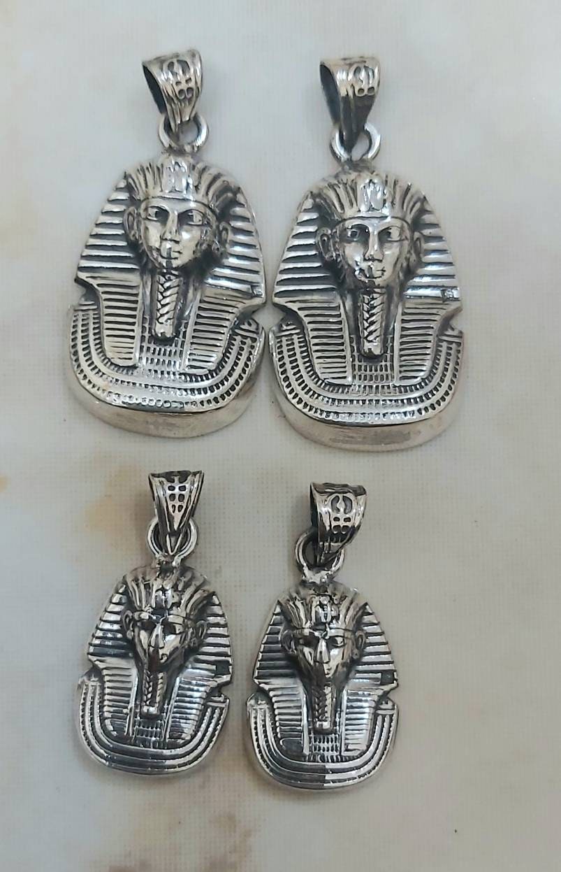 Handmade Egyptian Sterling Silver 925 Oxidized Tutankhamun Mask Pendant - Thumbnail 2