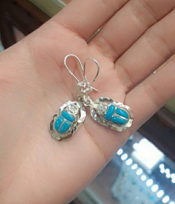Handmade Egyptian Sterling Silver 925 Scarab Earring - Thumbnail 3