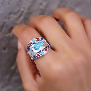 Egyptian Silver 925 Handmade Scarab Ring,Beelte Khepri Ring With Gemstones,Egyptian Art.