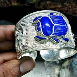 Egyptian Handmade Silver 925 Scarab Bracelet With Double Sided Eye of Horus With Gemstones,Beetle Khepri Bracelet,World Wide Shipping
