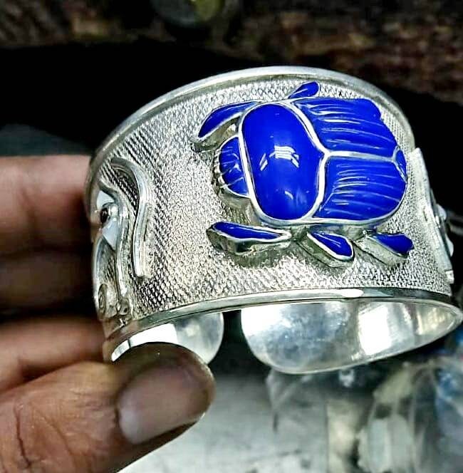 Egyptian Handmade Silver 925 Scarab Bracelet With Double Sided Eye of Horus With Gemstones,World Wide Shipping